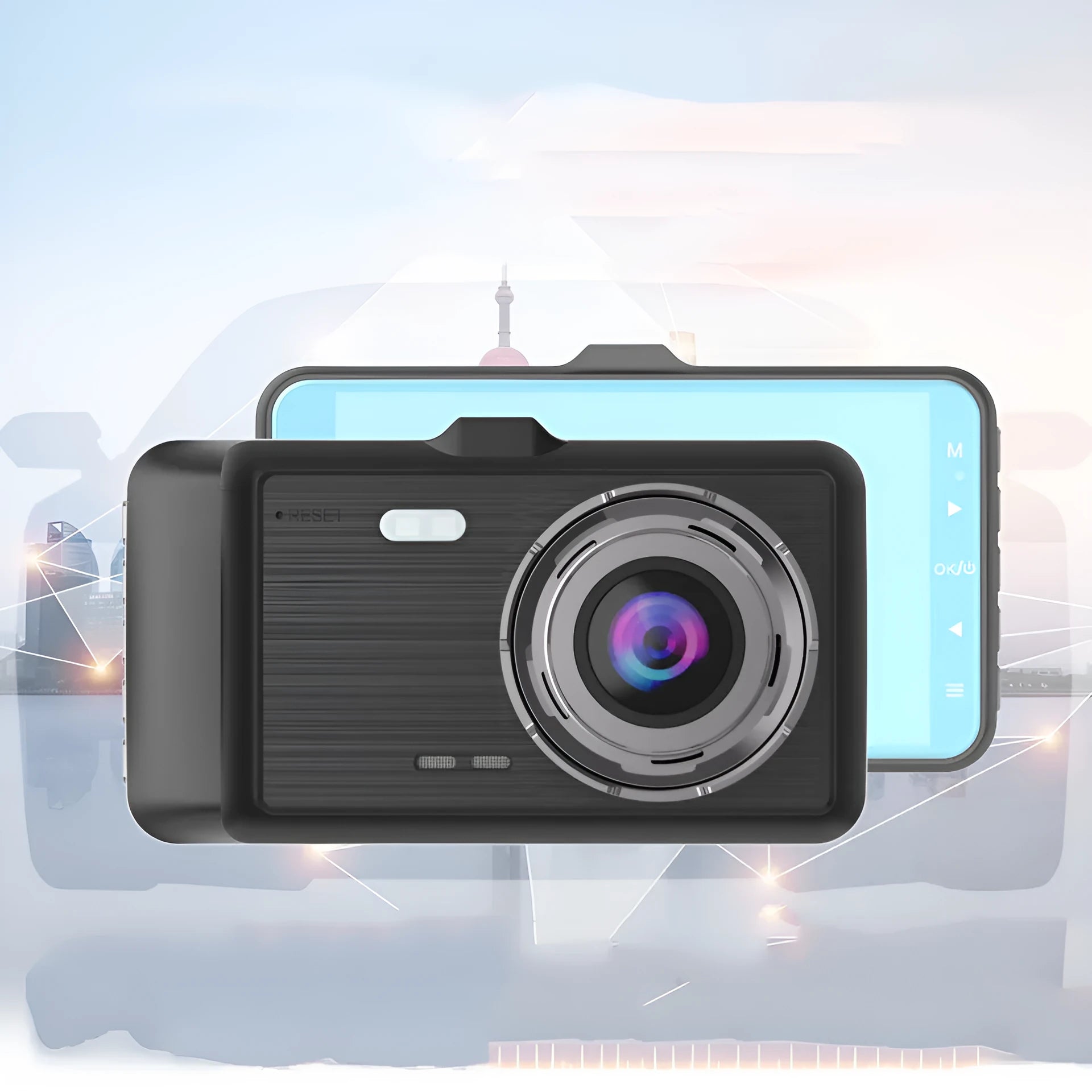 HD dual-lens driving recorder with 4-inch screen mounted on car windscreen