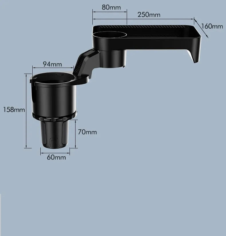 Black car cup holder dinner tray with 360-degree rotating base and adjustable plate positions