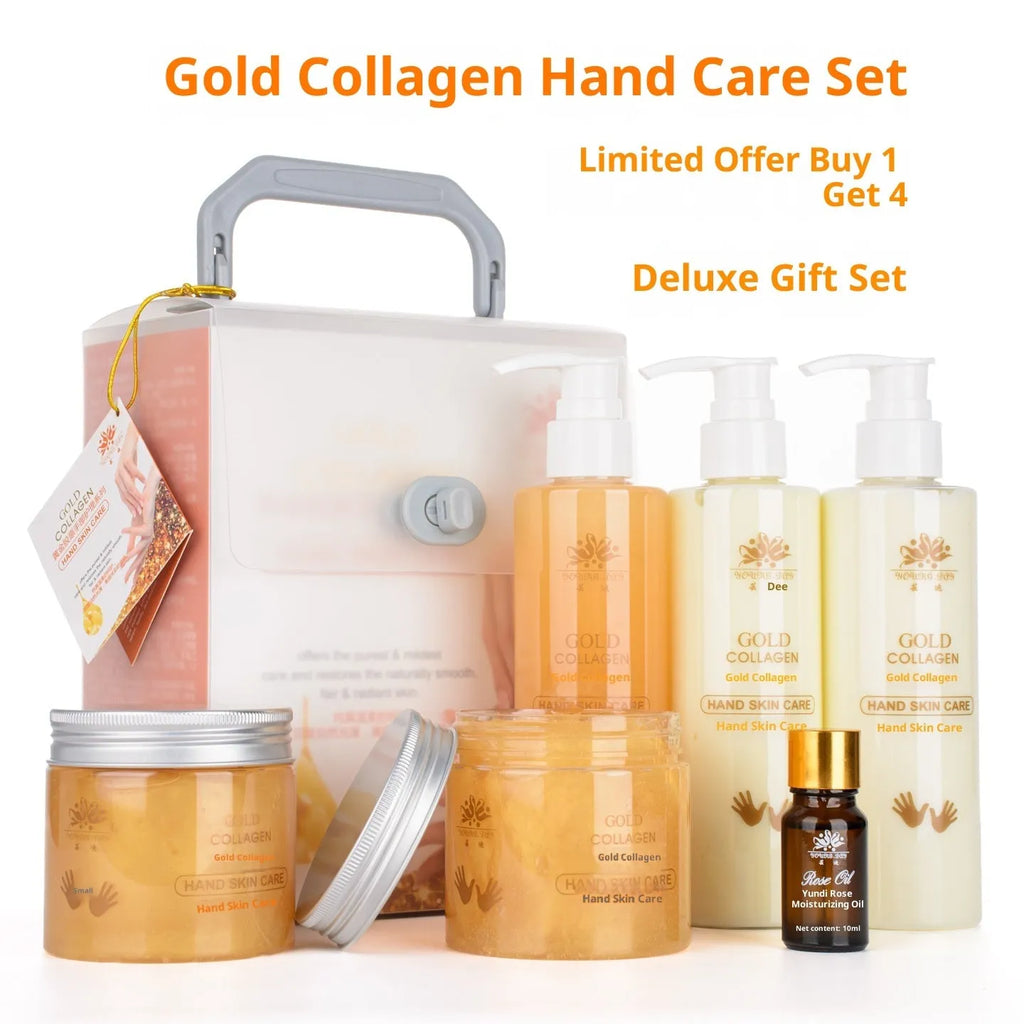 Gold Collagen Hand Care Set Standard Specification with six products and rose essential oil
