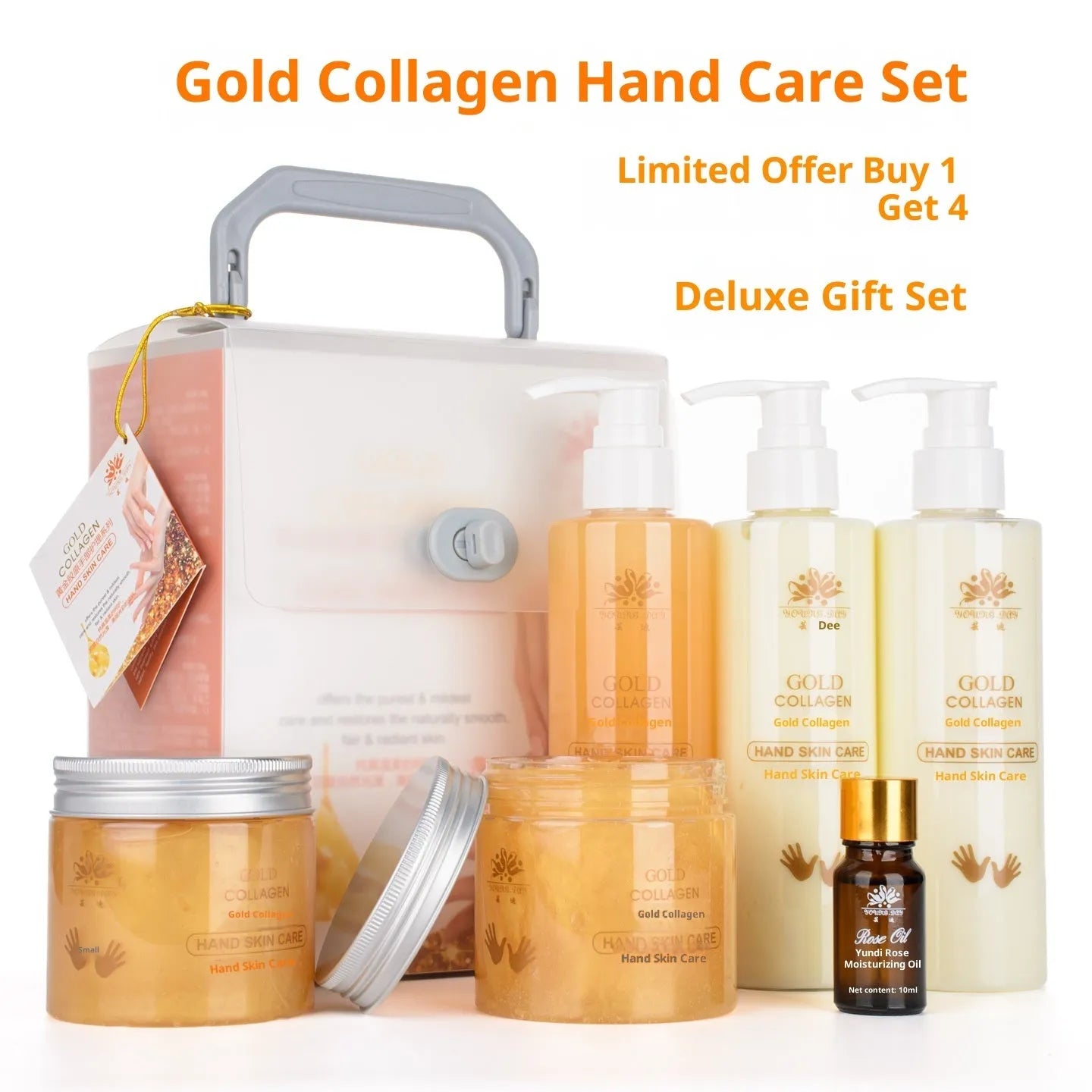 Gold Collagen Hand Care Set Standard Specification with six products and rose essential oil