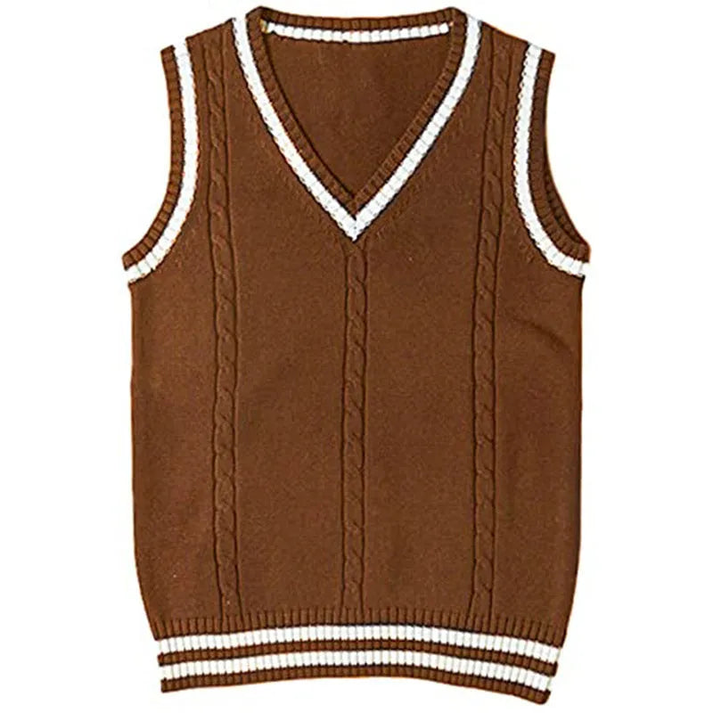 Women's slim fit black acrylic V-neck waistcoat sweater with white striped stitching detail.