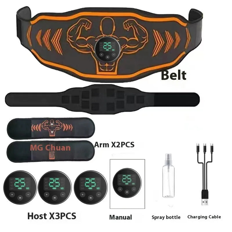 Smart EMS Massage Belt fitness equipment with blue host, main belt, and arm stickers on a grey background.