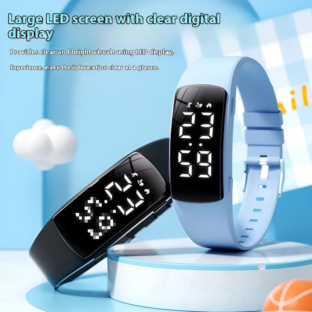 Black vibration alarm smart watch with LED display on a silicone strap, showing 50m waterproof rating.