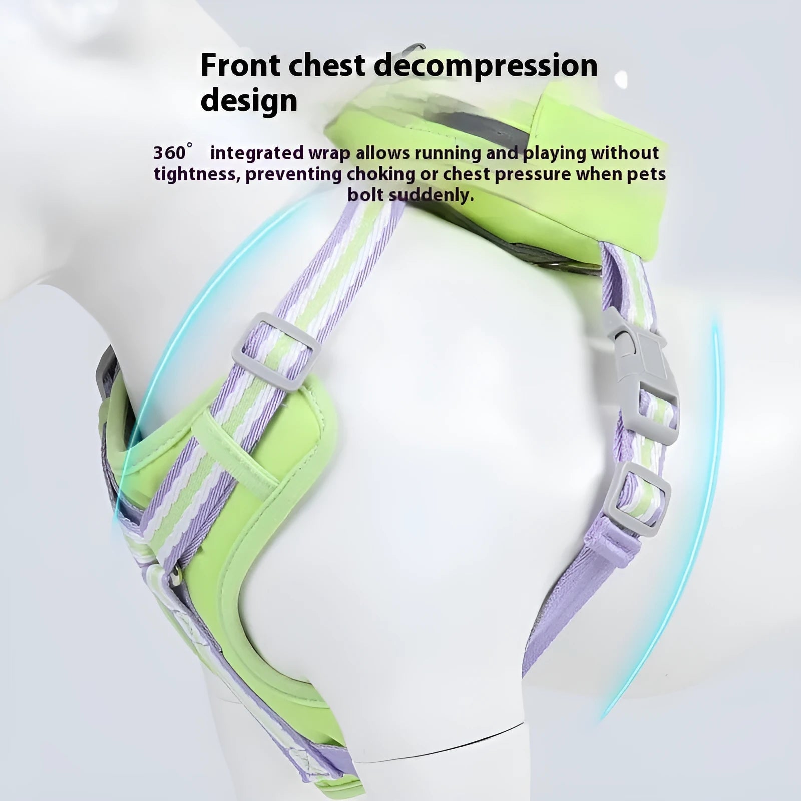 Colour options for an anti-strangulation pet safety harness with a free lead.
