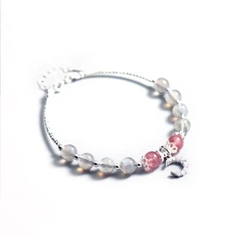 Natural moonstone bracelet with crescent moon charm and adjustable silver chain for women