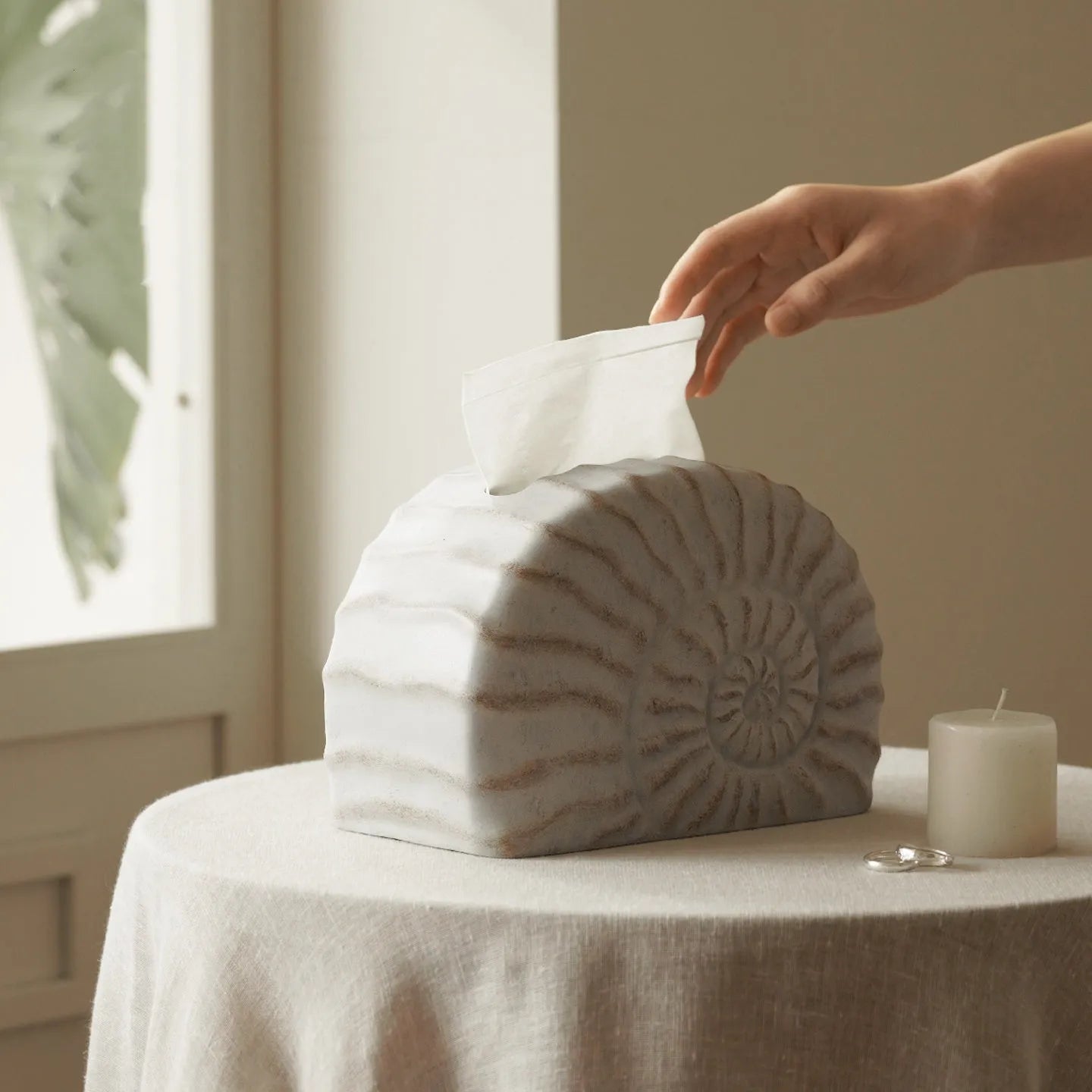 A modern conch ramble coloured resin tissue box for home or office desk organisation.