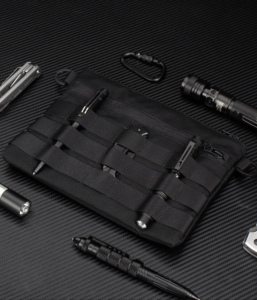 Black oxford cloth tactical pouch measuring 18cm by 3.5cm for outdoor gear.