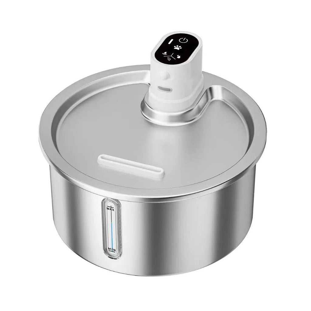White stainless steel heated water fountain for cats and dogs on a counter