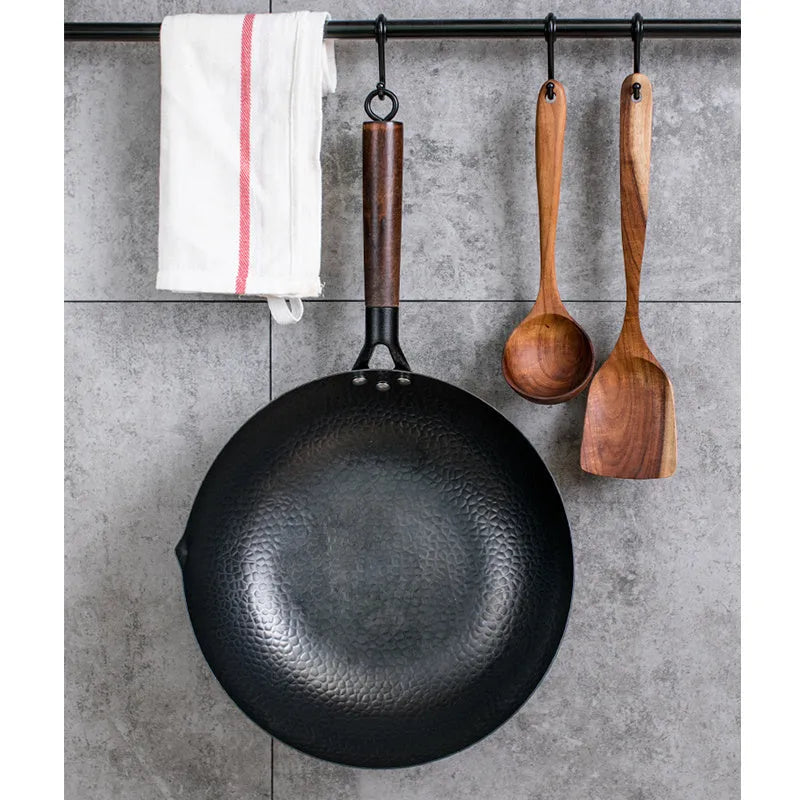 Traditional black iron wok pan with wooden handle and glass lid option