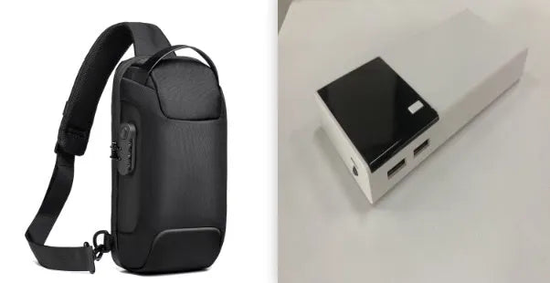 Black 20000mAh power bank with plastic casing and charging cable