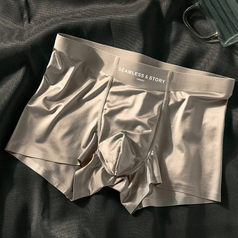 Men's ice silk satin underwear in mid waist design showing coffee, light grey and blue colour options