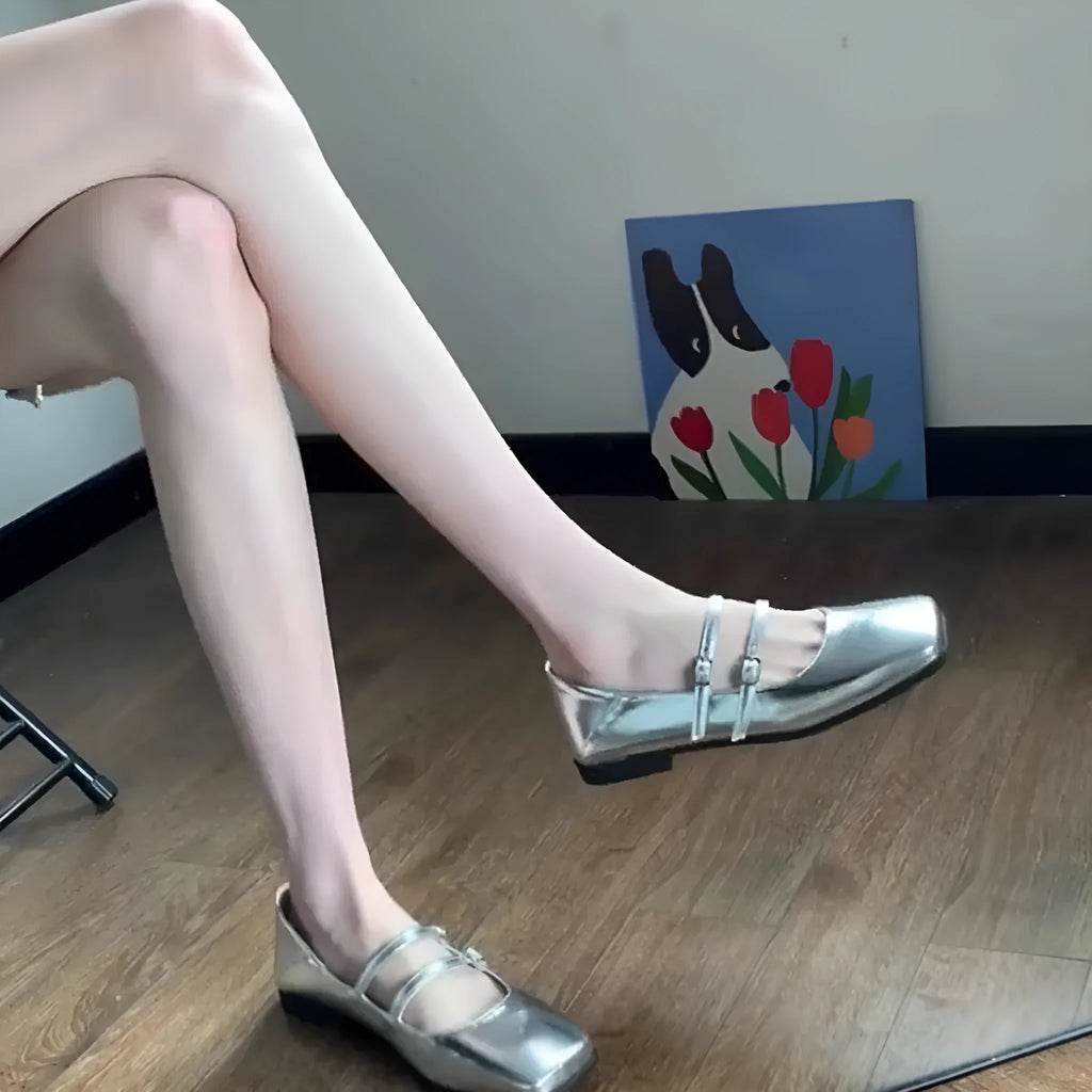 Women's genuine leather Mary Jane shoes with cross buckle strap and flat heel