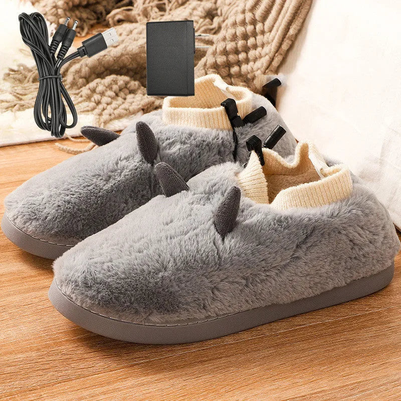 USB electric foot warmer slippers in black, grey, matcha green, and taro colours with soft velvet upper.