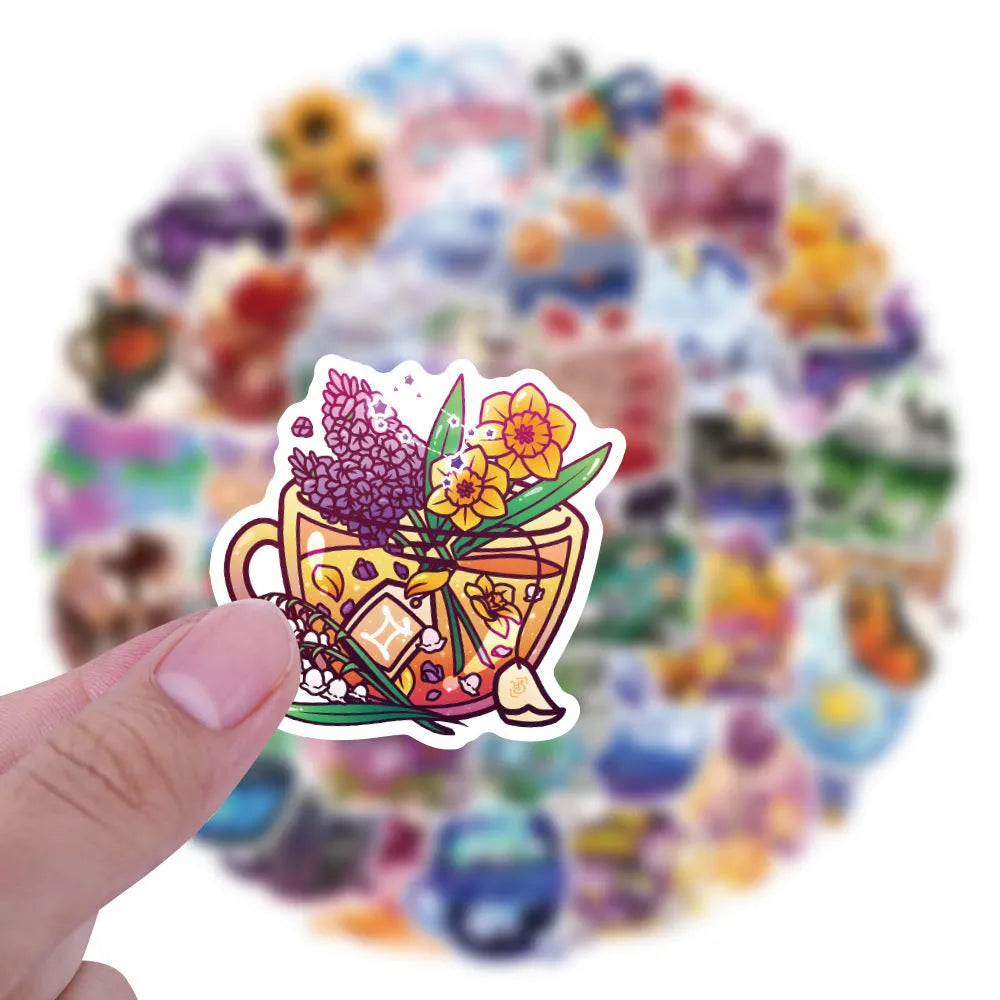 Waterproof colourful tea cup graffiti stickers set of 50 pieces for luggage and sports gear customisation