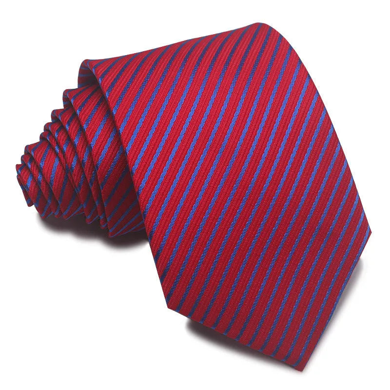 8CM wide polyester jacquard striped business tie in arrow style showing red, black, and blue colour options