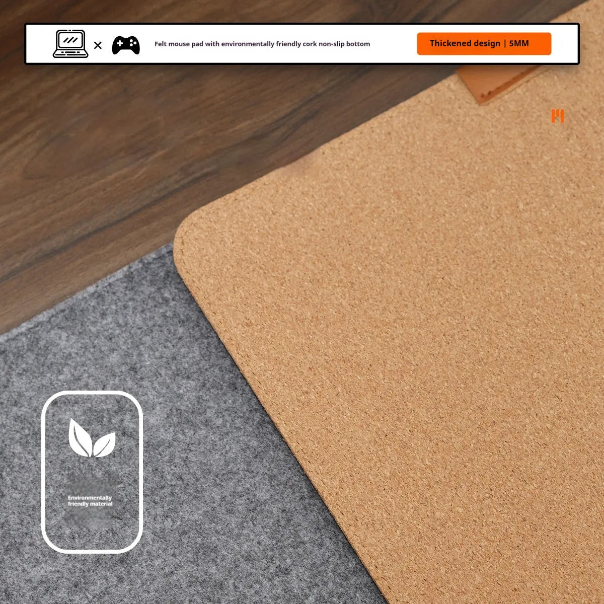 Oversized black grey felt and cork mouse mat on office desk with non-slip backing
