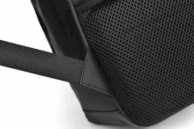 Large black waterproof PU leather backpack for men with sewing thread detailing and computer bag