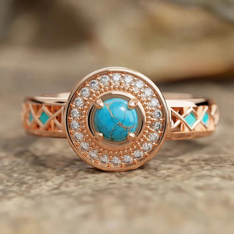 Women's turquoise ethnic geometric copper ring with rose gold finish and square design