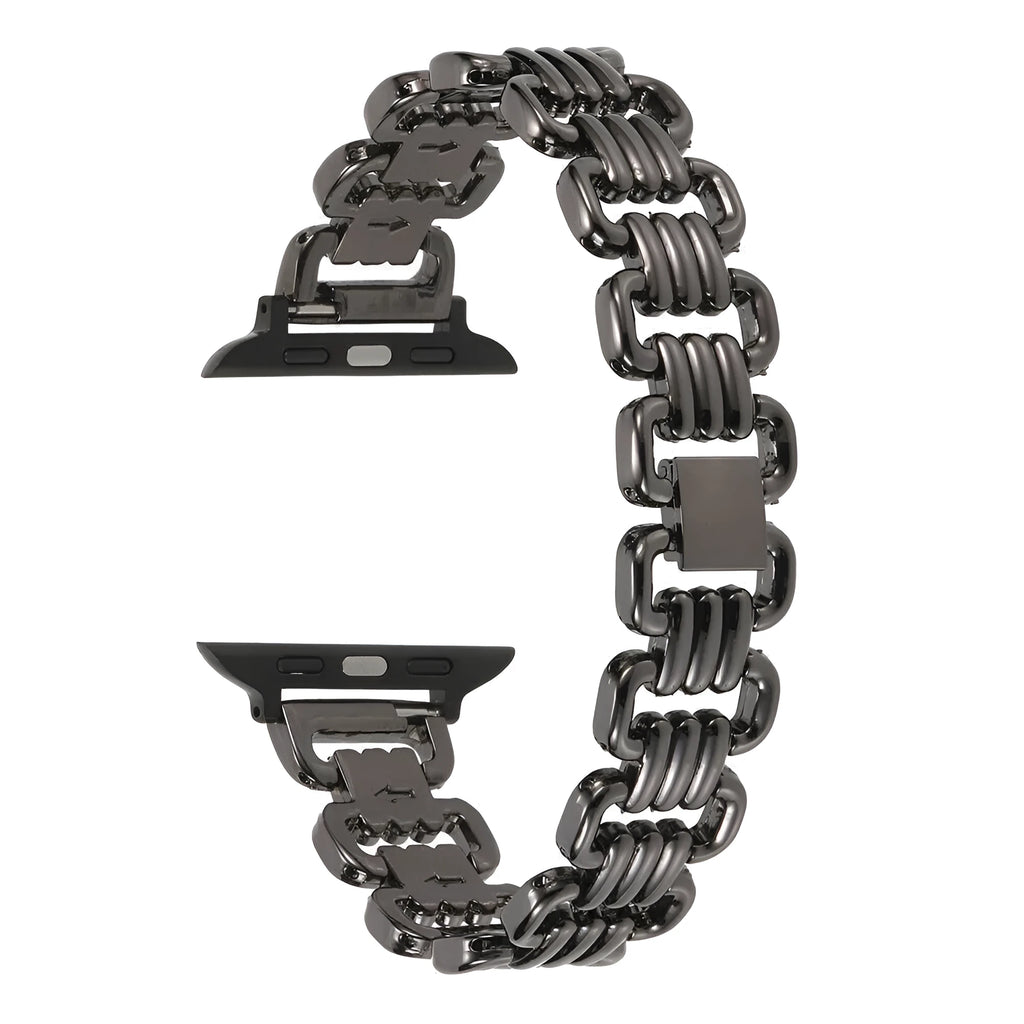 Alloy metal replacement bracelet for Apple Watch in silver, black, gold, rose gold and Starlight colours.