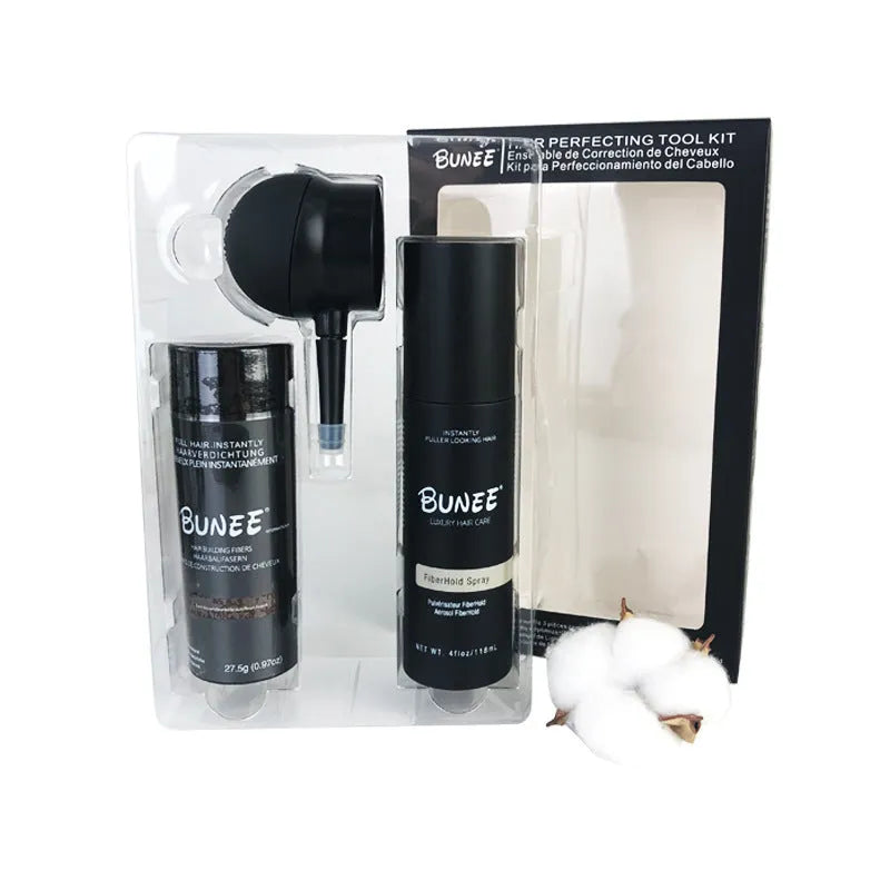 Box set of 275g hair fibre powder, styling spray, and applicator nozzle for thinning hair