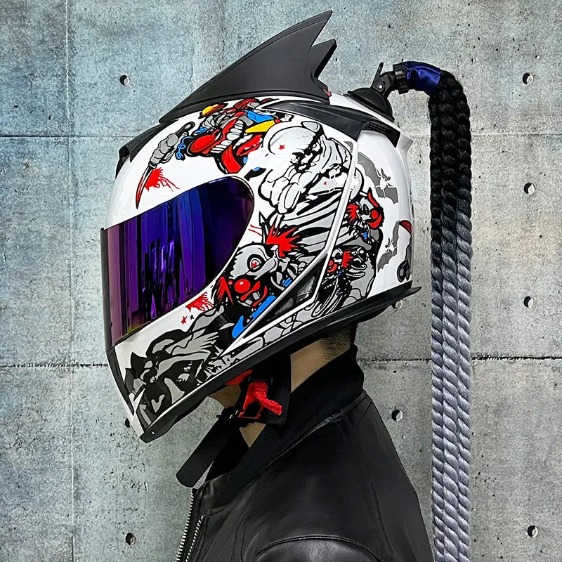 Dirty Braids graphic design full face motorcycle helmet on a white background.