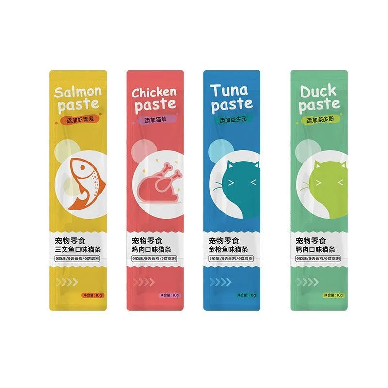 Cat strip snack multipack containing 10 pieces in four flavour varieties for cats