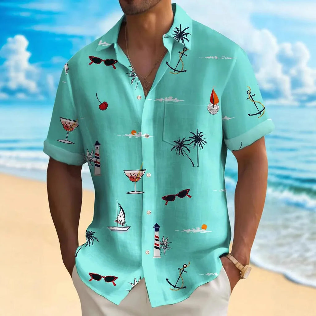 Man wearing a loose-fit, short-sleeve Hawaiian shirt with a colourful digital printed tropical pattern.