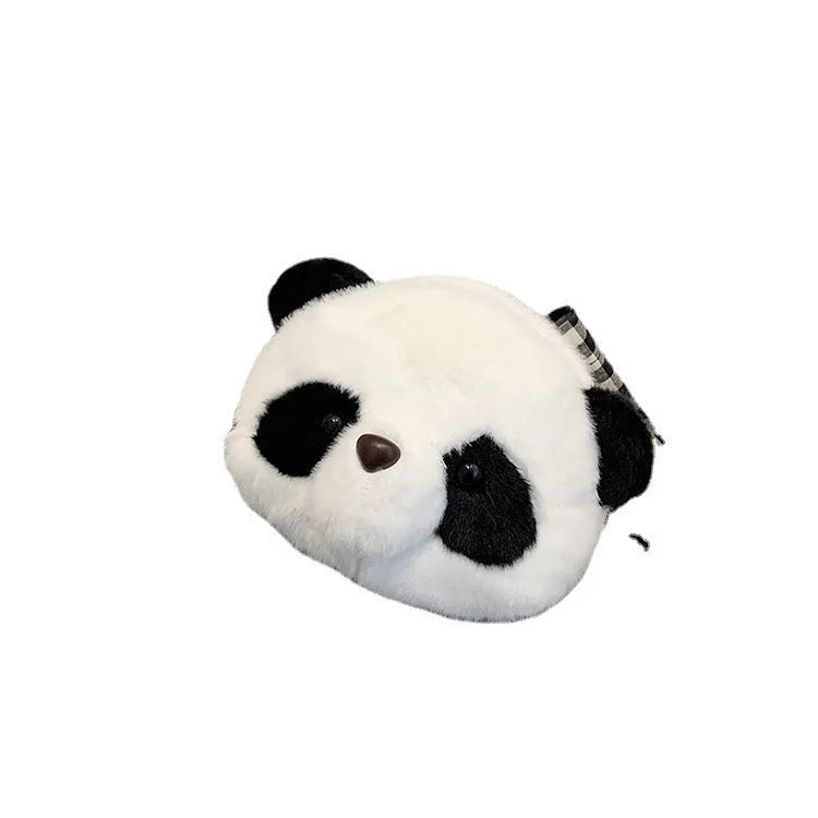 Cylindrical plush crossbody bag with panda head design showing outer sandwich pocket
