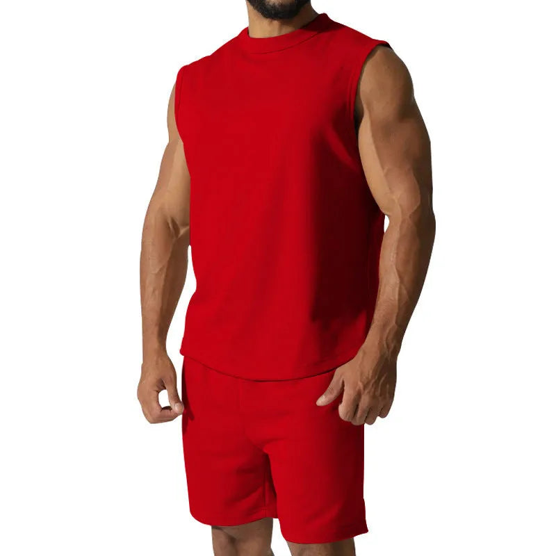 Men's sleeveless sports suit set in cotton blend with matching shorts in solid colour options