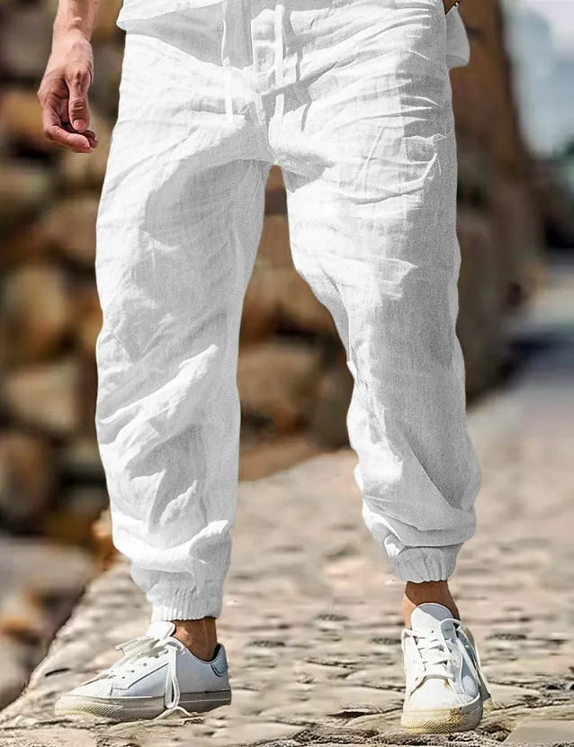 Men's straight-leg cotton summer trousers with elastic waistband in multiple colour options