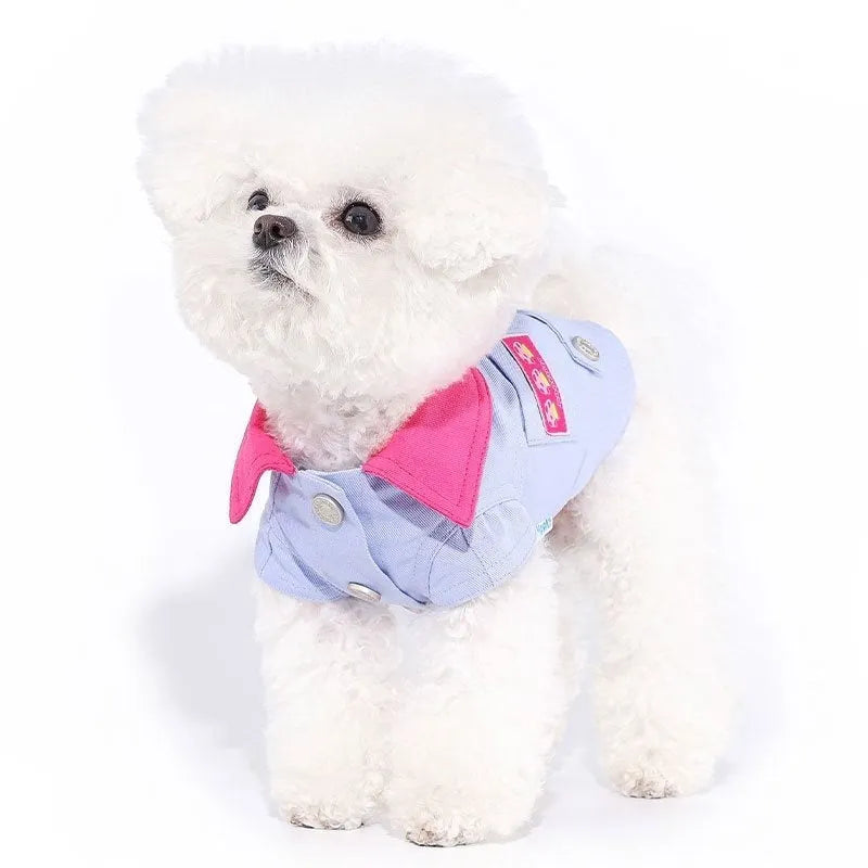 Blue and purple polyester vest for small dogs with back rope ring in seven sizes from XXS to XXL