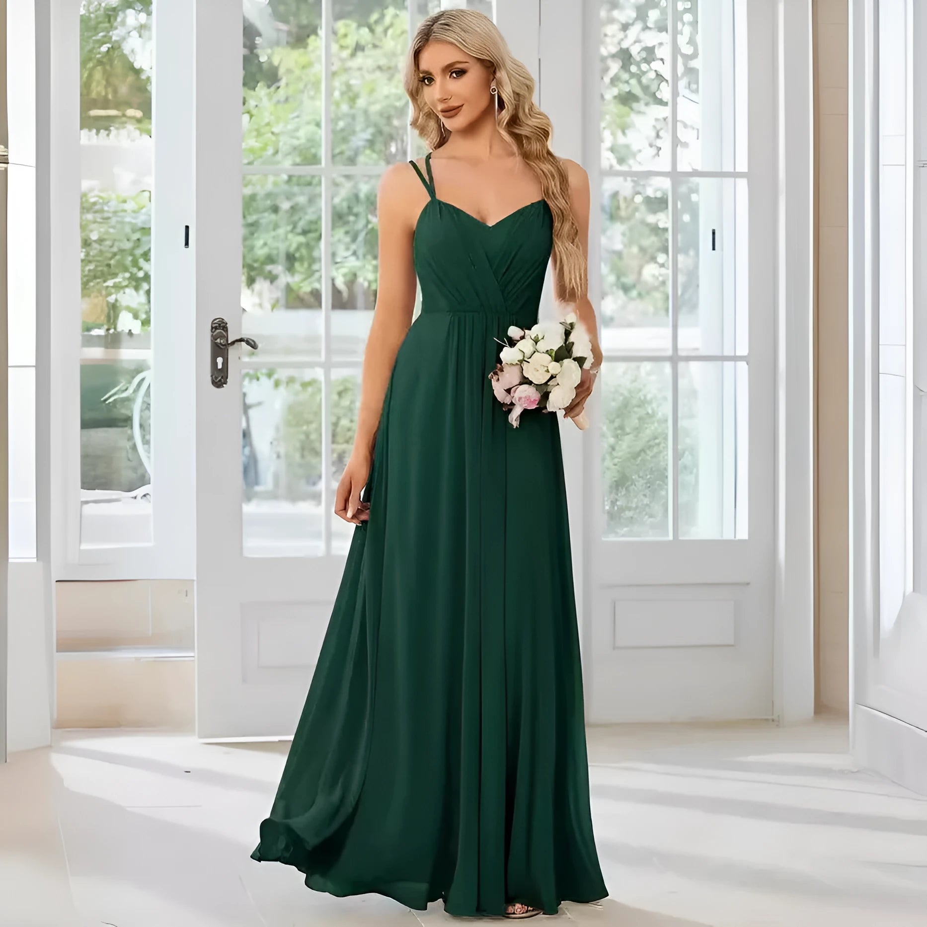 Women's light green sleeveless A-line banquet dress with long pleated skirt on a hanger.