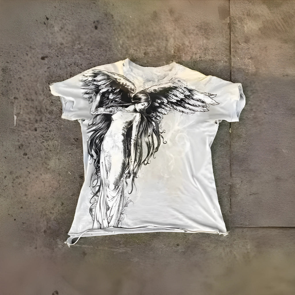 Men's black gothic cartoon print short sleeve t-shirt on a hanger