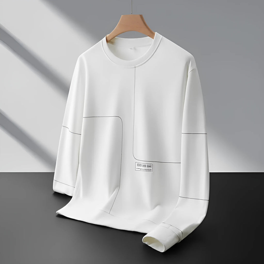 Men's loose round neck cotton stripe pullover sweatshirt with 3D patch pocket, in black, front view