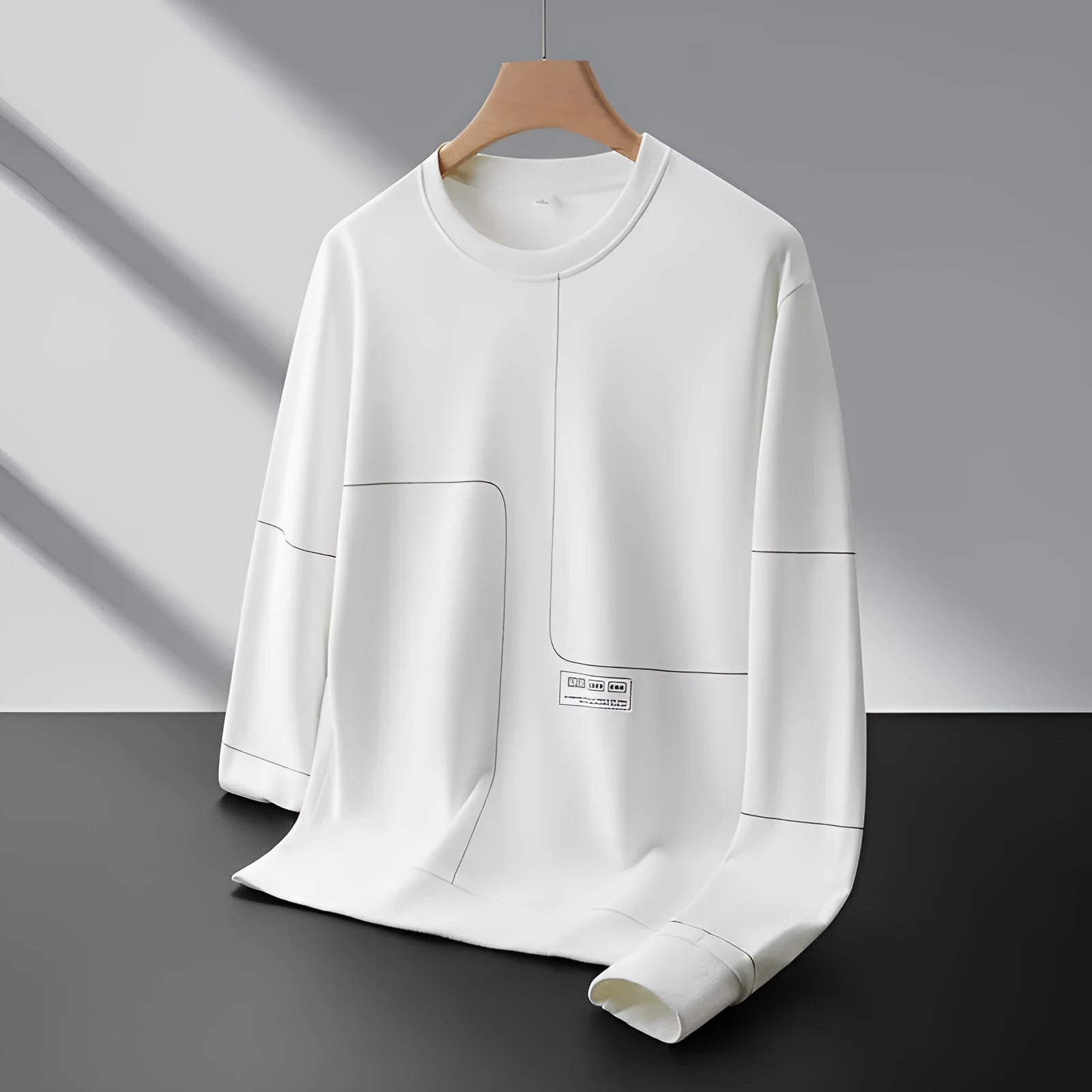 Men's loose round neck cotton stripe pullover sweatshirt with 3D patch pocket, in black, front view