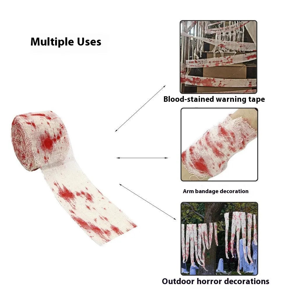 Halloween bloody cloth gauze bandage roll showing 8cm width and polyester material texture