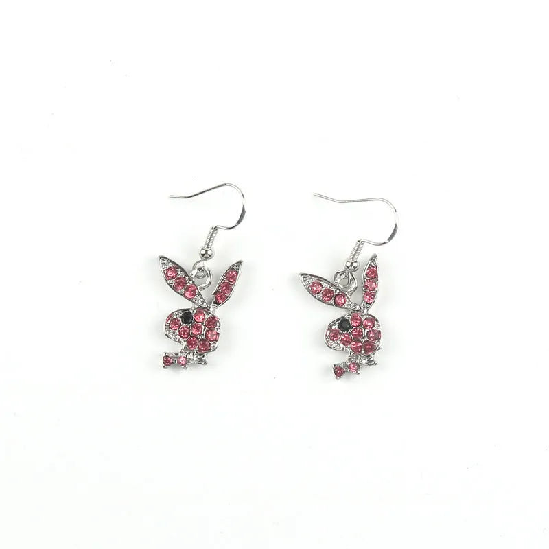 Alloy full diamond rabbit character stud earrings in silver, gold, or pink colour.