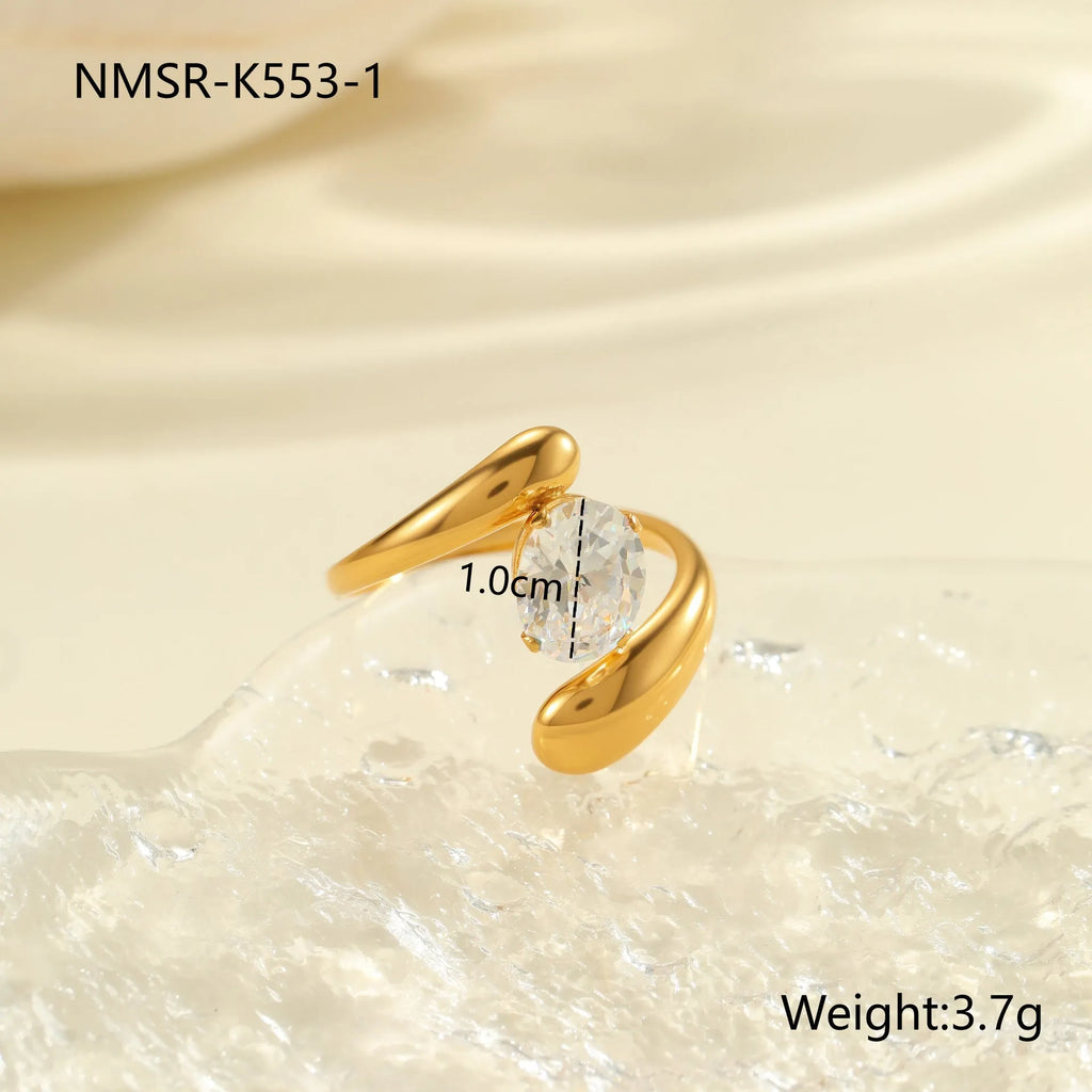 Geometric stainless steel women's ring with adjustable open mouth design and zircon details