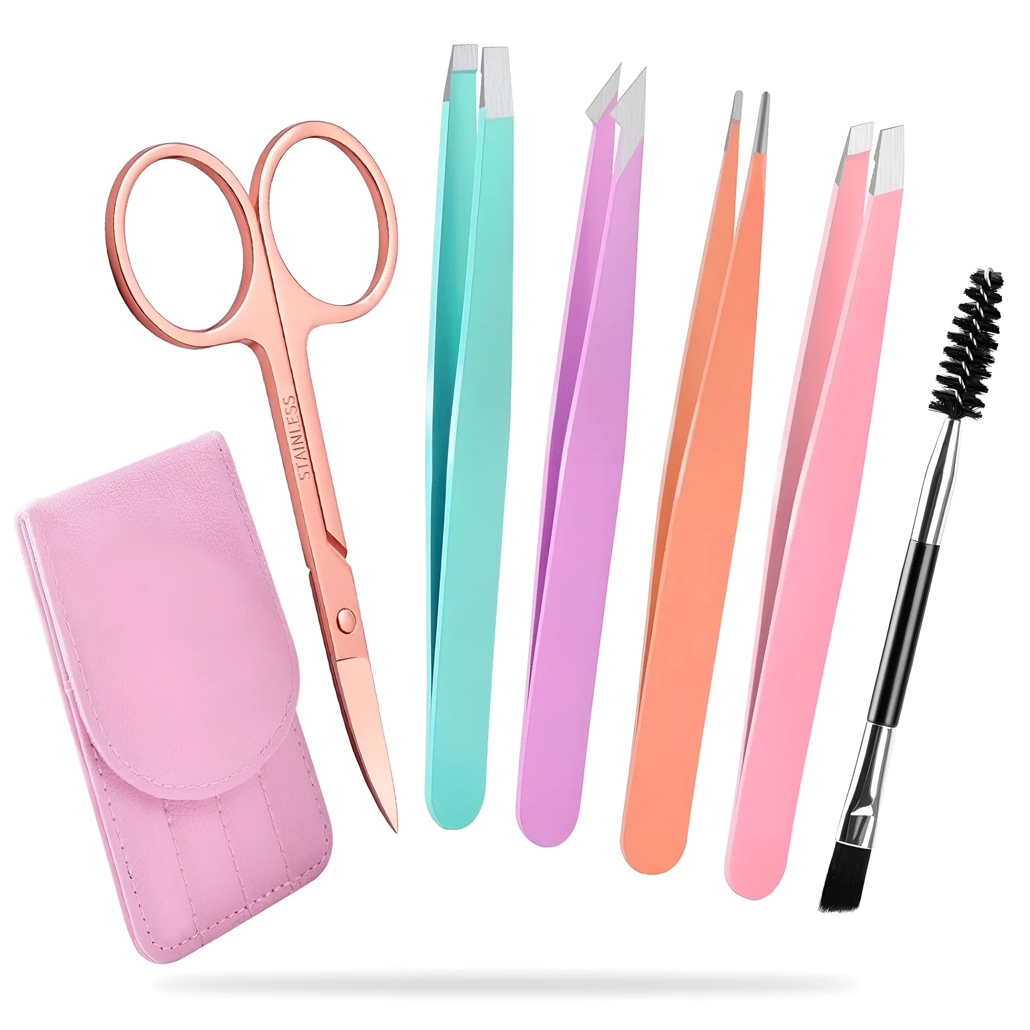 Professional 6-piece stainless steel eyebrow tweezers set with curved scissors and leather protective case