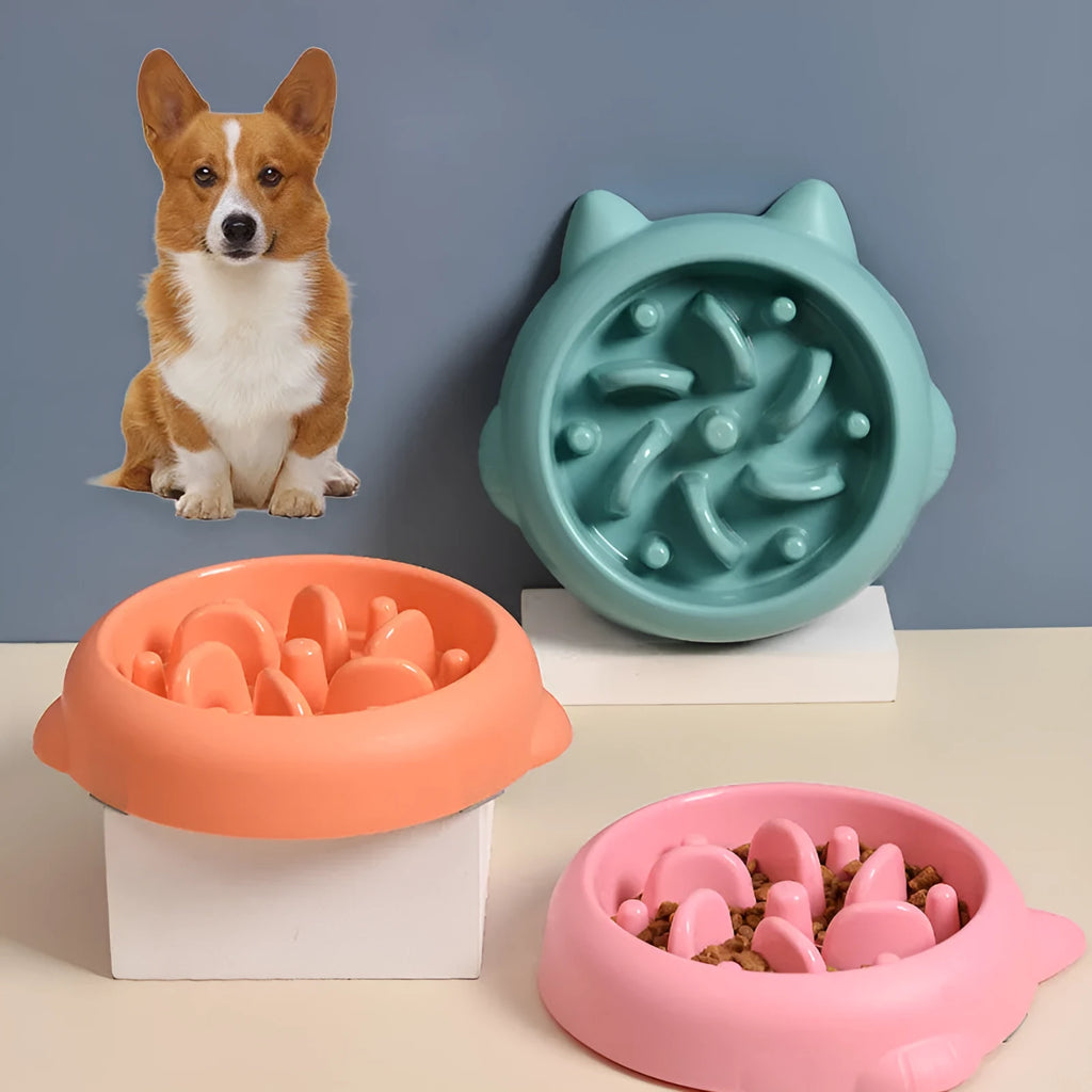 Green pet slow feeder bowl with raised internal maze design for dogs and cats