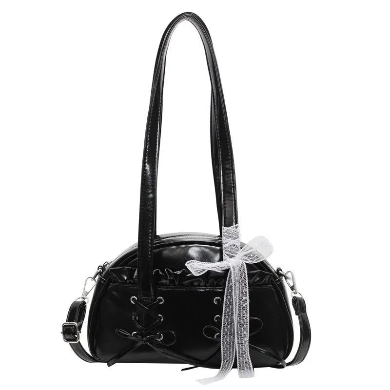 Milky white women's PU leather shoulder bag with a removable bandage bow and visible sewing thread detailing