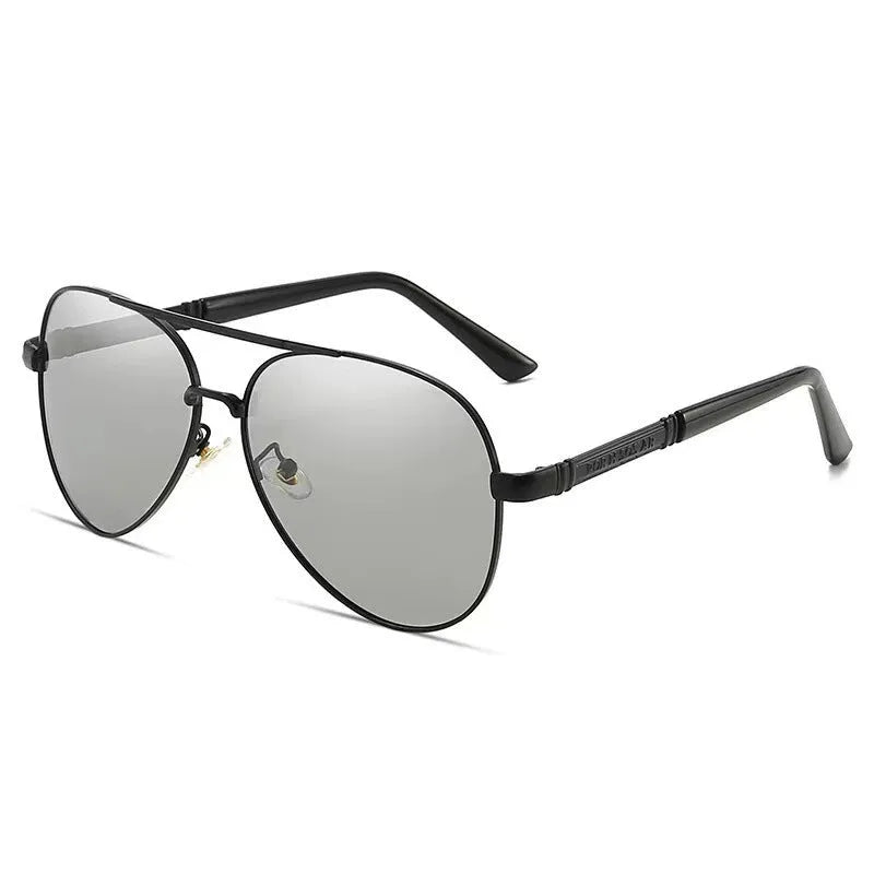 Men's metal frame polarised sunglasses with dragon and phoenix temple decoration, shown in a gold frame with dark lenses.