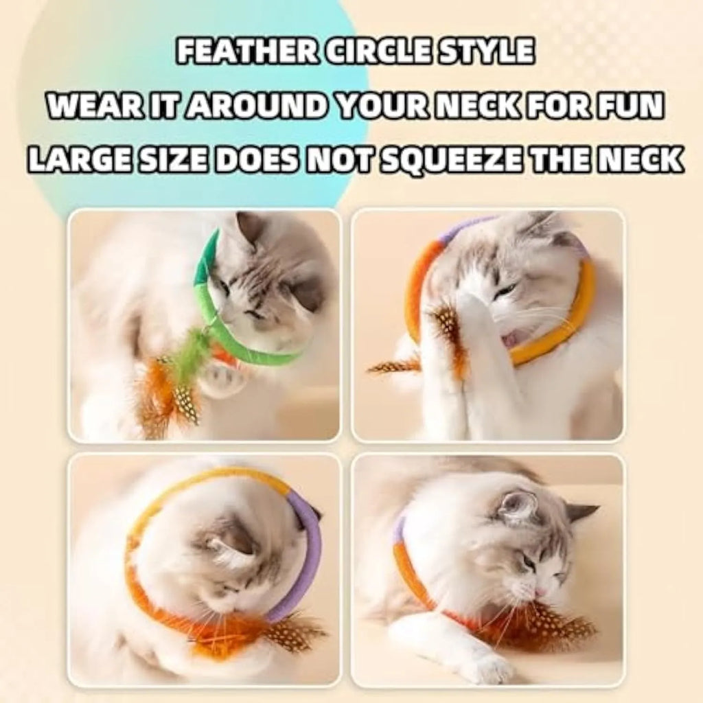 Circular cotton rope cat toy with feathers and catnip filling for indoor feline play