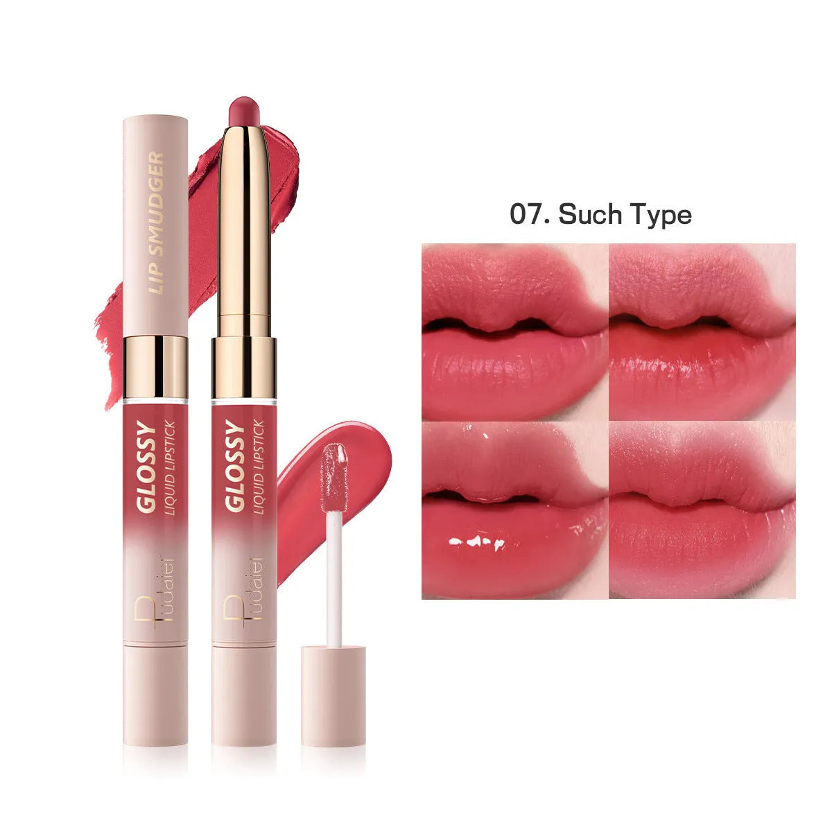 Double-headed lipstick and lip gloss set showing matte finish, available in ten different colour options.