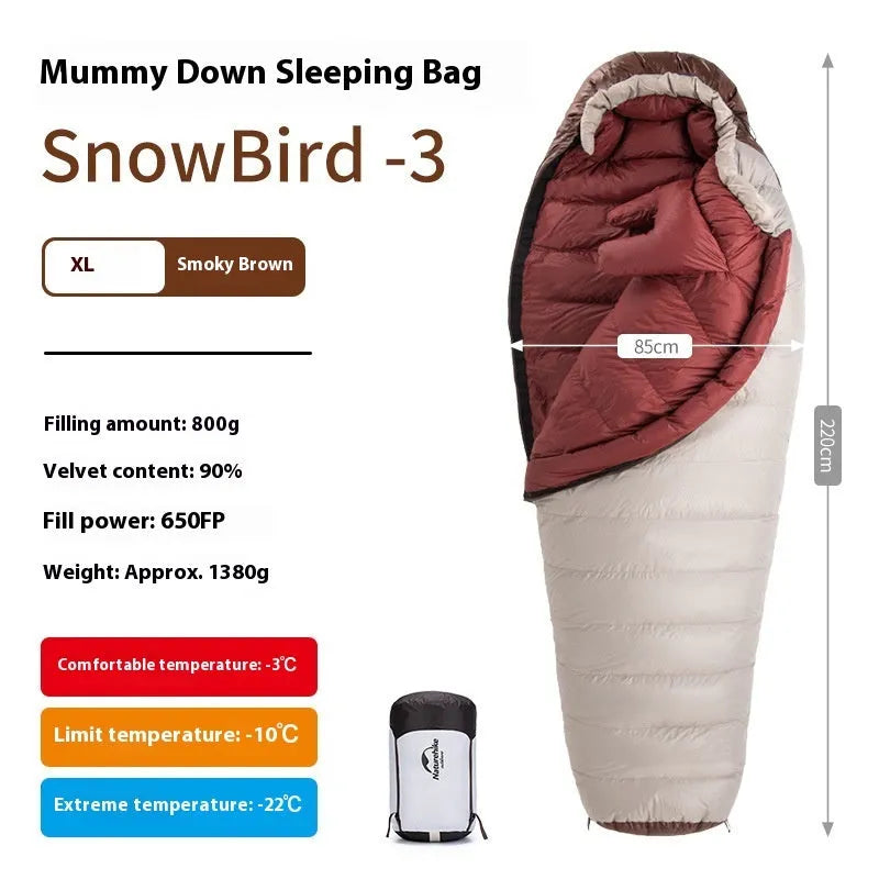 Goose down mummy sleeping bag with storage bag, shown in a neutral colour for adult outdoor use