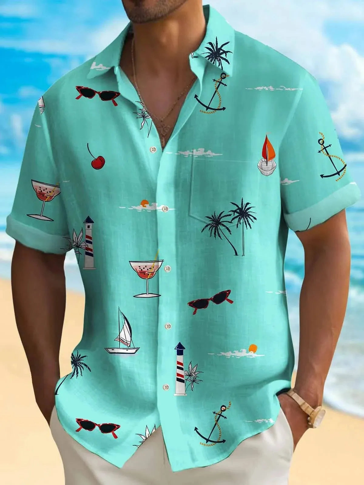 Man wearing a loose-fit, short-sleeve Hawaiian shirt with a colourful digital printed tropical pattern.