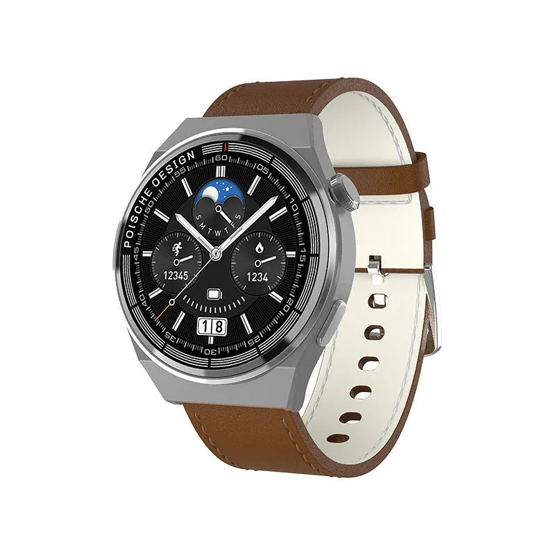 Circular smartwatch with tempered glass screen and silicone strap for Bluetooth calls and NFC payments