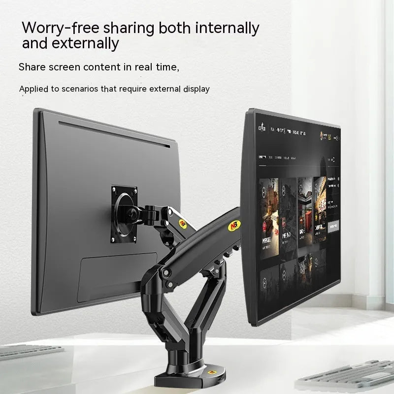 Black dual monitor desk mount bracket with VESA plates and a height-adjustable lifting arm.
