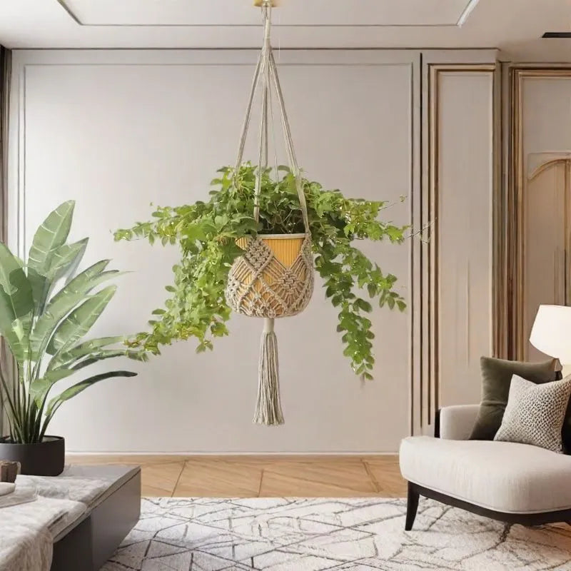 Hand-woven polyester cotton flower pot in minimalist design with natural texture