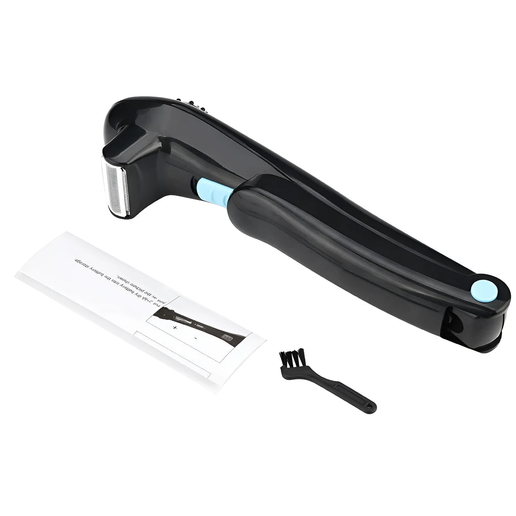 Black folding body electric shaver shown in open and closed positions